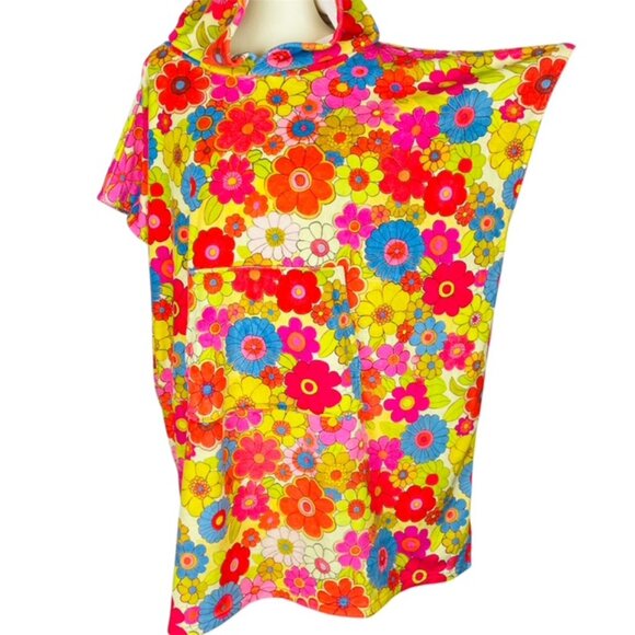 Natural Life Hooded Cover Up OS Pullover Poncho Floral Hippie Mod Retro Beach - Picture 4 of 9